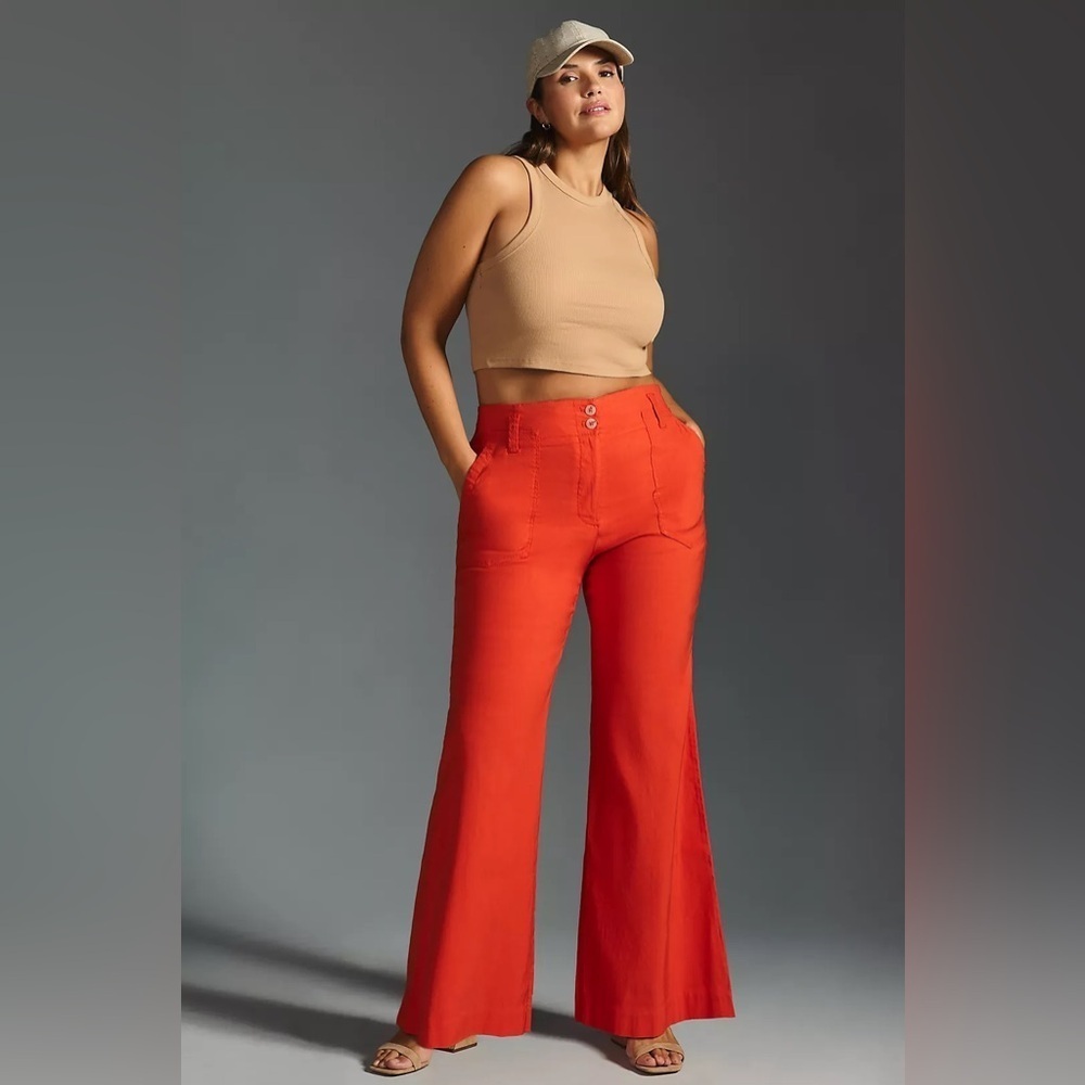 Maeve Anthropologie Naomi Linen Blend Flare Pant Oranges 14
